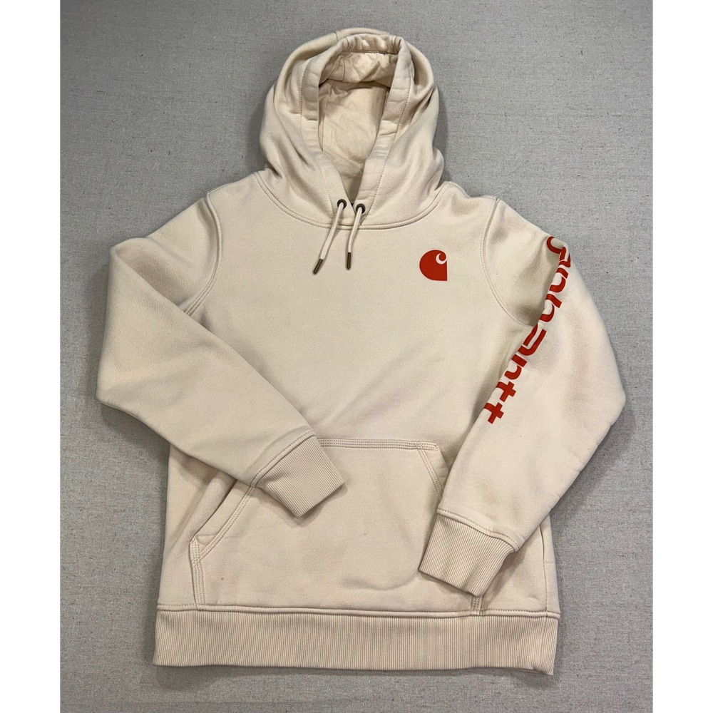Carhartt Womens‎ Small Relaxed Fit Logo Hoodie Cream Heavy Weight Sweatshirt